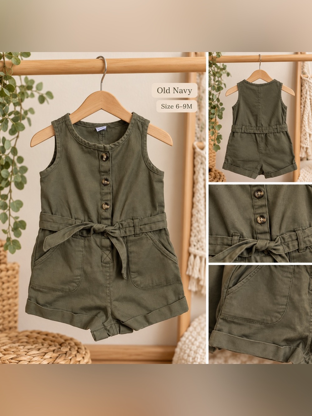 Old Navy Baby Olive Green Utility Romper 6–9M